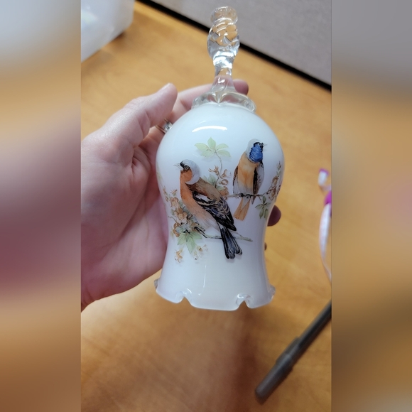 Bell Milk Glass Hand Painted Birds Hand Blown handle Bluebirds On branches - Picture 8 of 9